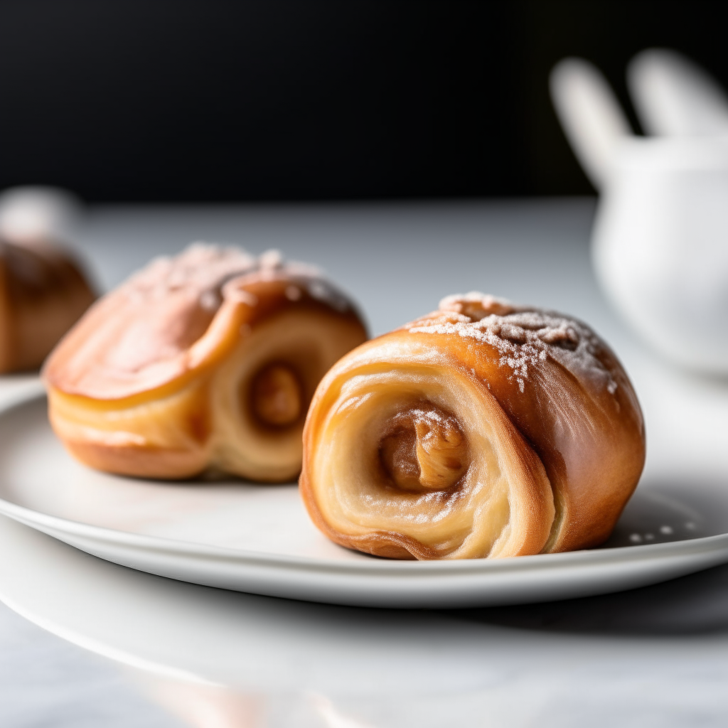 Glazed air fried cinnamon rolls plated on a white dish, photographed from the side at eye level, bright studio lighting, shallow depth of field, razor sharp focus