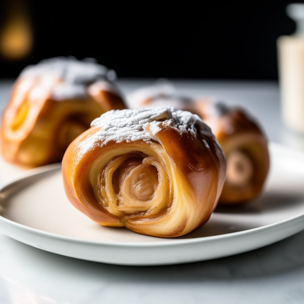 Glazed air fried cinnamon rolls plated on a white dish, photographed at a low angle with the camera tilted up slightly, bright studio lighting, shallow depth of field, razor sharp focus