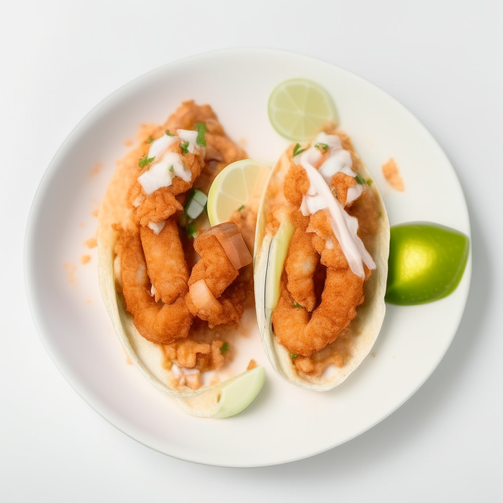 Coconut shrimp air fryer dessert tacos plated on a white dish, photographed from above at a 45 degree angle, bright studio lighting, shallow depth of field, razor sharp focus