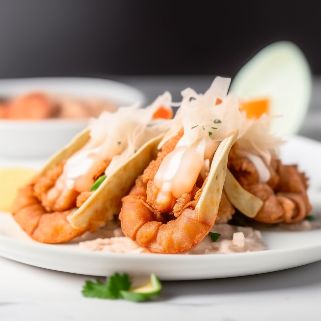 Coconut shrimp air fryer dessert tacos plated on a white dish, photographed from the side at eye level, bright studio lighting, shallow depth of field, razor sharp focus