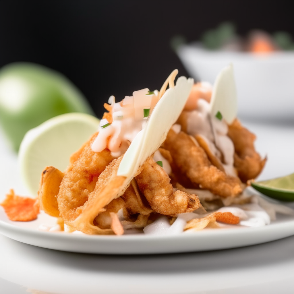 Coconut shrimp air fryer dessert tacos plated on a white dish, photographed at a low angle with the camera tilted up slightly, bright studio lighting, shallow depth of field, razor sharp focus