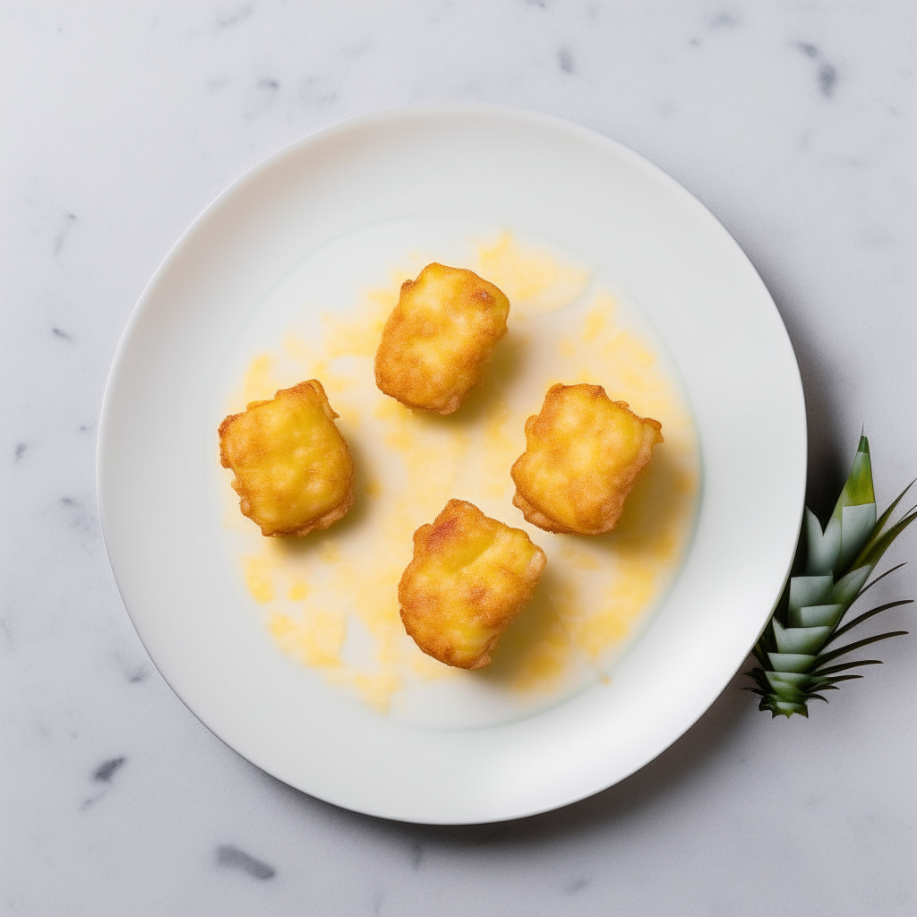 Air fried pineapple fritters plated on a white dish, photographed from above at a 45 degree angle, bright studio lighting, shallow depth of field, razor sharp focus