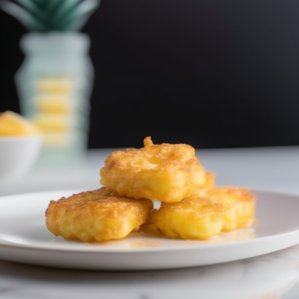 Air fried pineapple fritters plated on a white dish, photographed from the side at eye level, bright studio lighting, shallow depth of field, razor sharp focus