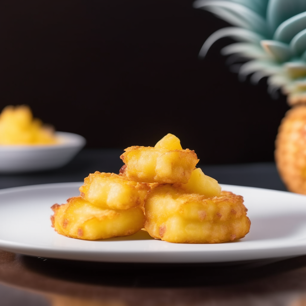 Air fried pineapple fritters plated on a white dish, photographed at a low angle with the camera tilted up slightly, bright studio lighting, shallow depth of field, razor sharp focus