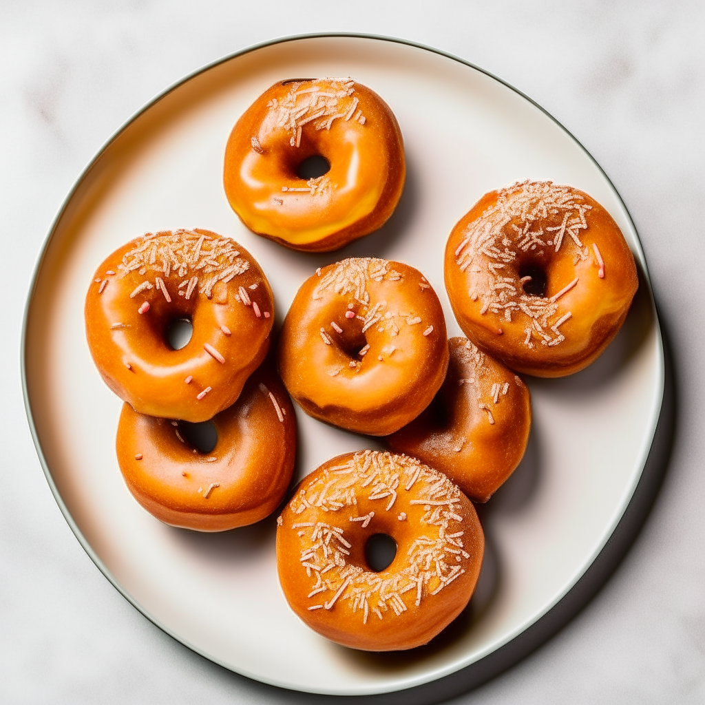 Pumpkin spice air fryer donuts plated on a white dish, photographed from above at a 45 degree angle, bright studio lighting, shallow depth of field, razor sharp focus