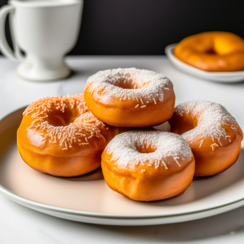 Pumpkin spice air fryer donuts plated on a white dish, photographed from the side at eye level, bright studio lighting, shallow depth of field, razor sharp focus