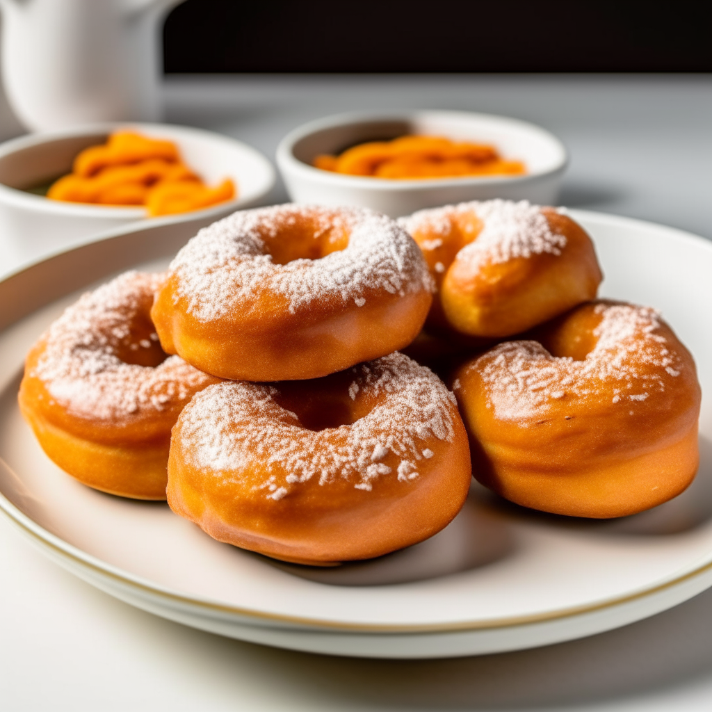 Pumpkin spice air fryer donuts plated on a white dish, photographed at a low angle with the camera tilted up slightly, bright studio lighting, shallow depth of field, razor sharp focus