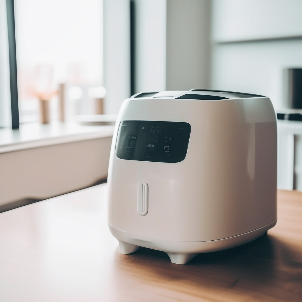 Photo of a white digital air fryer sitting on a kitchen countertop, taken at eye level with bright natural lighting and shallow depth of field