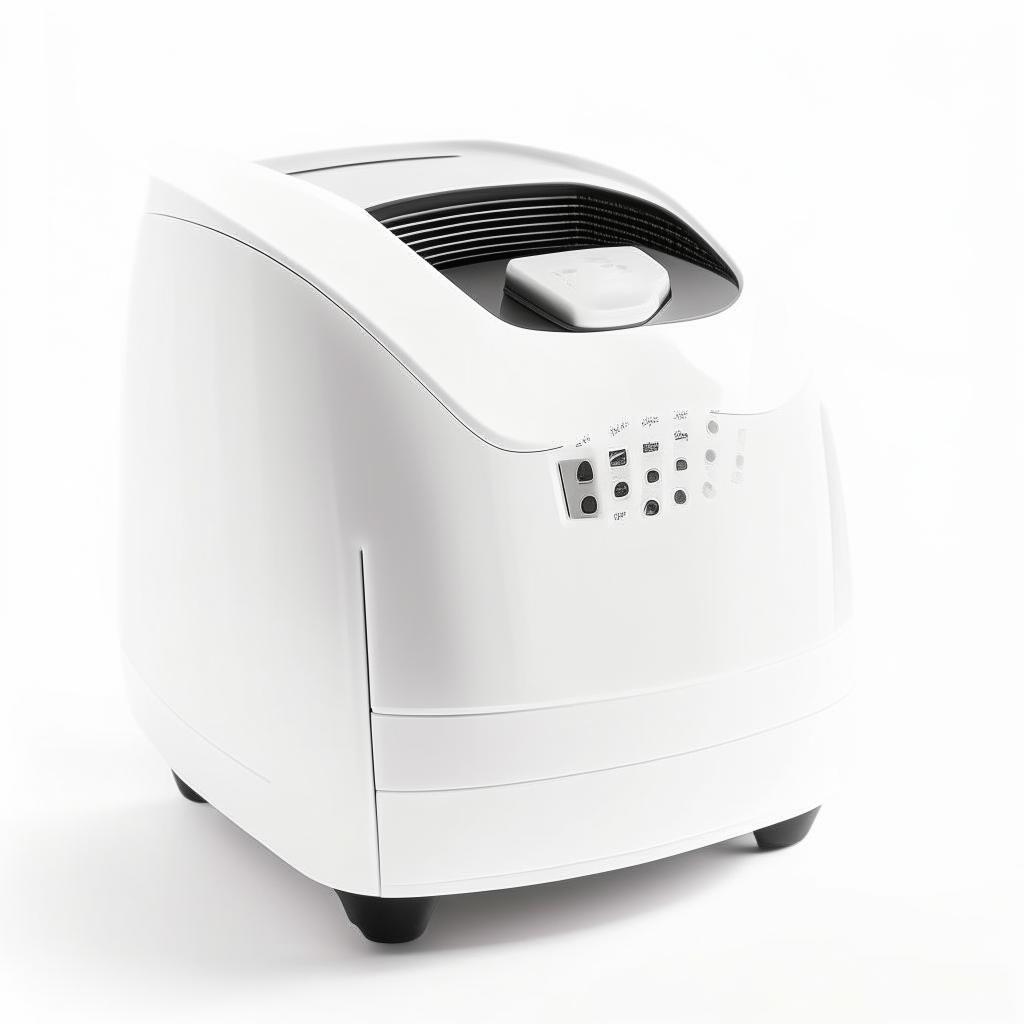 White digital air fryer appliance photographed on a white background, no shadows, crisp lighting, detailed textures