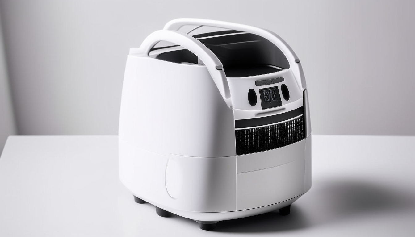 White digital air fryer appliance on a silver background, no shadows, crisp lighting, detailed textures