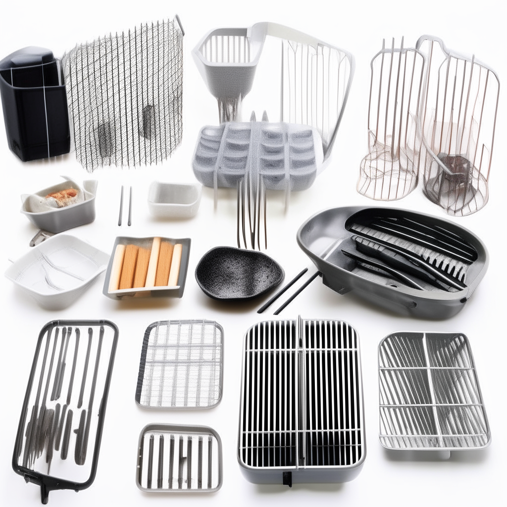 A variety of air fryer accessories including tongs, cooking trays, racks, silicone mats, arranged on a white background