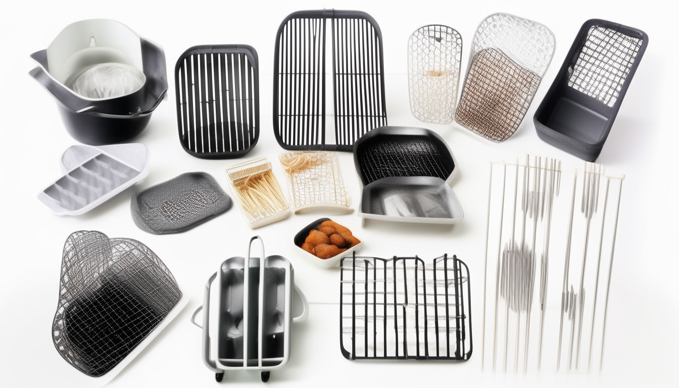 A variety of air fryer accessories including tongs, cooking trays, racks, silicone mats, arranged on a white background