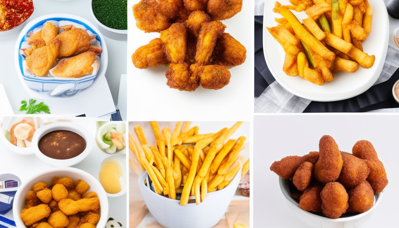 A collage of air fryer recipes including fried chicken, french fries, fish, and vegetables, arranged attractively on a white background in 16:9 aspect ratio