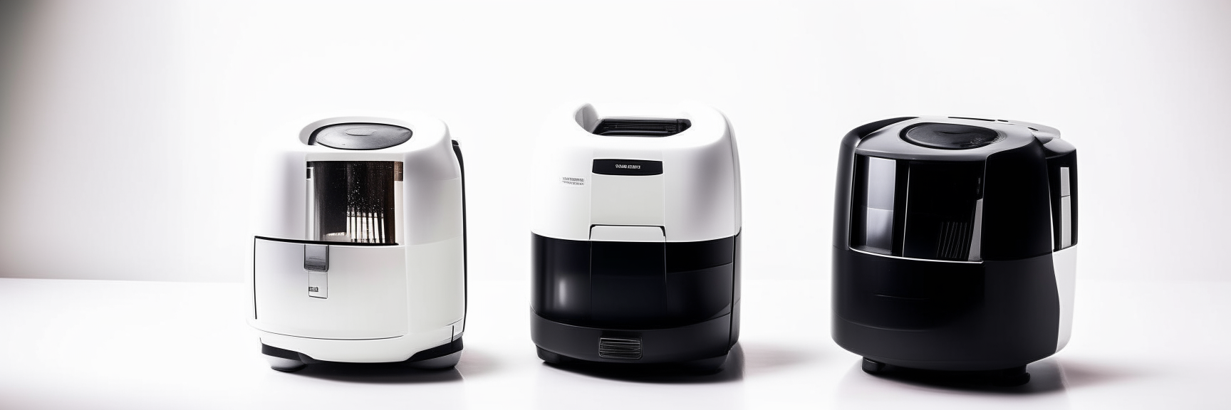 Two air fryers, one black and one white, from different brands, arranged side by side on a light background in 3:1 aspect ratio