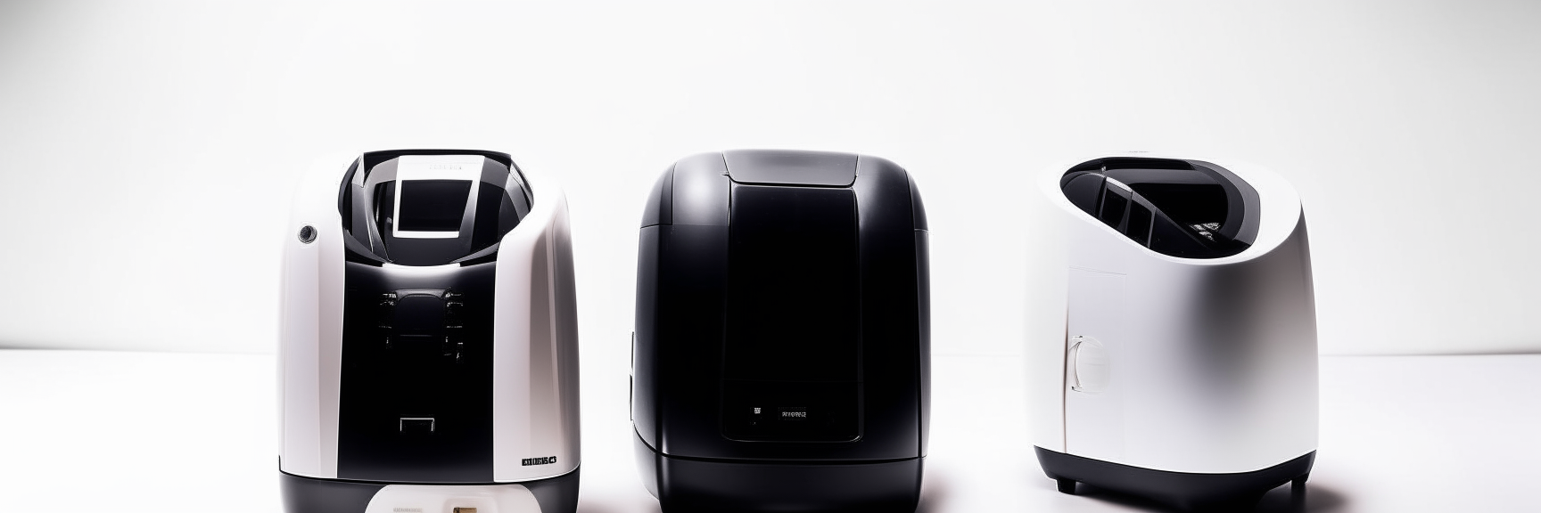 Two air fryers, one black and one white, from different brands, arranged side by side on a light background in 3:1 aspect ratio