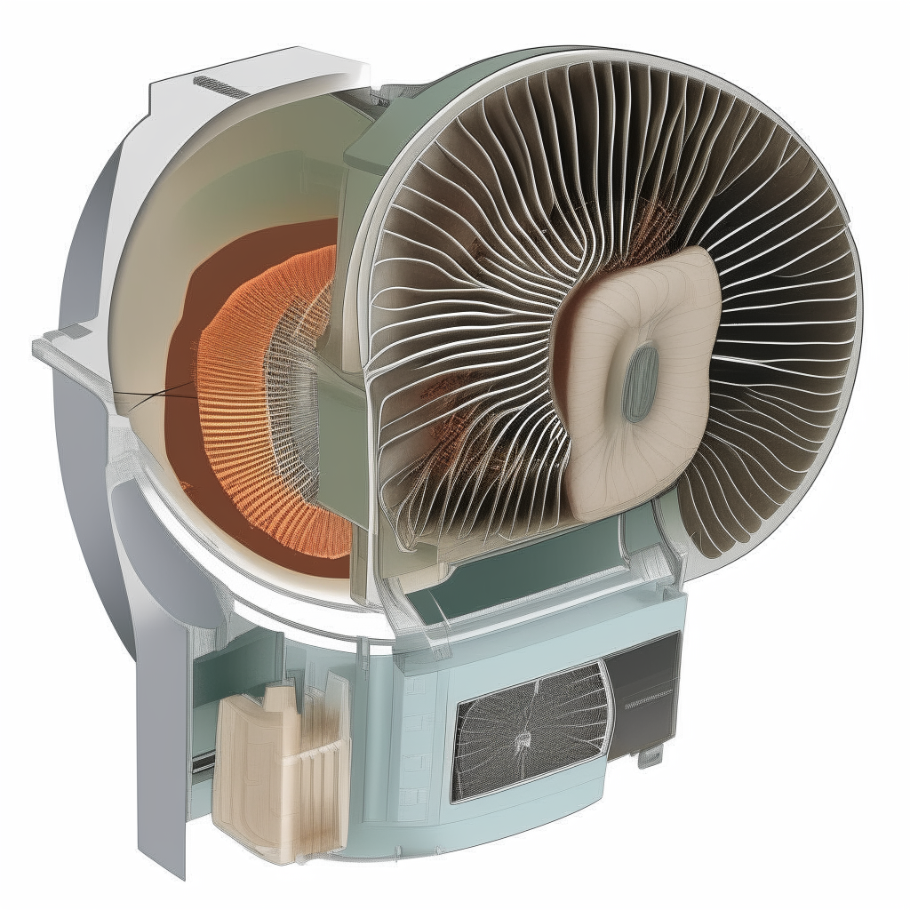 Cutaway diagram of an air fryer appliance showing the internal fan, heating element, and air flow