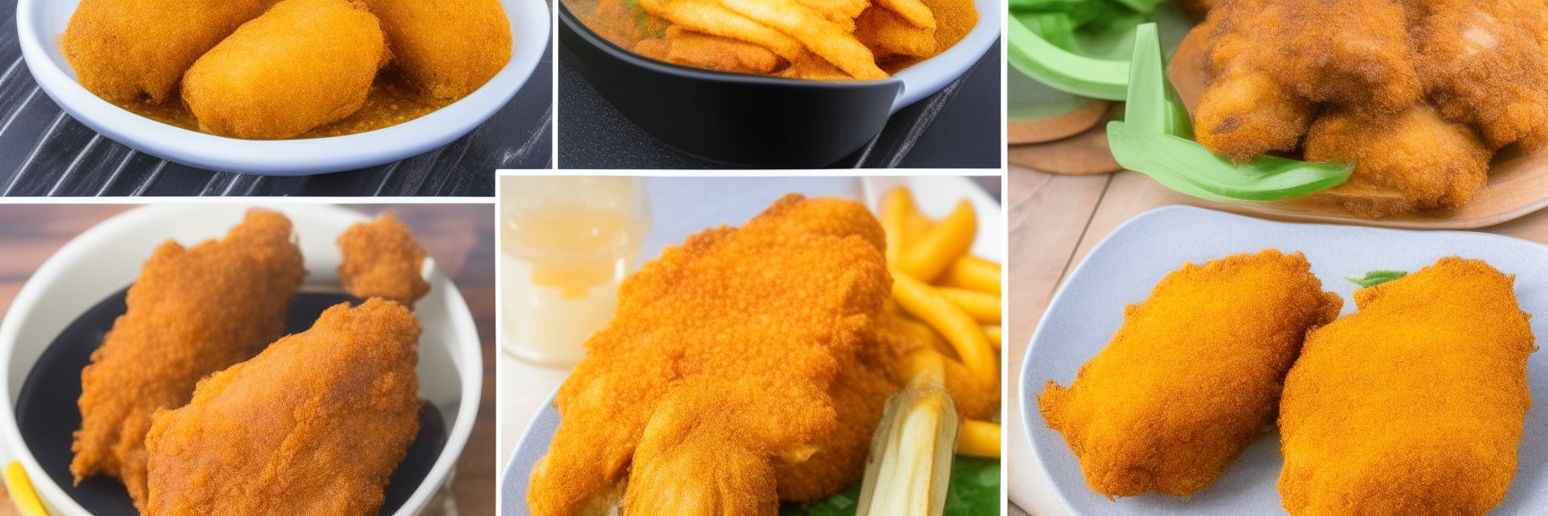 Collage of 3 air fryer recipes - crispy fried chicken, french fries, and breaded fish fillets, arranged attractively in a 3:1 aspect ratio