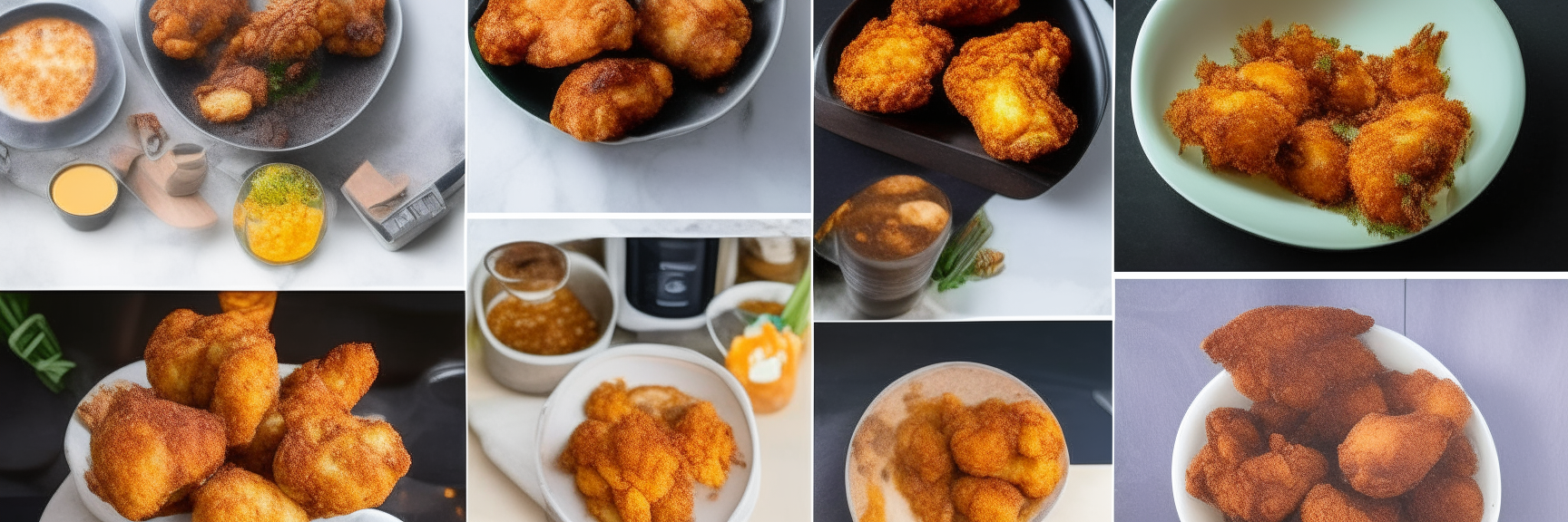 Collage of air fryer recipes including dessert creme brulee, fried chicken wings, and breaded shrimp, arranged attractively in a 3:1 aspect ratio with all ingredients and steps visible