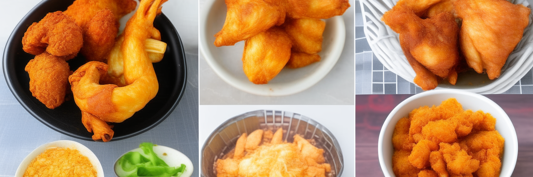 Collage of 3 air fryer recipes - fried chicken, french fries, and shrimp - arranged attractively in a 3:1 aspect ratio with all ingredients and steps visible