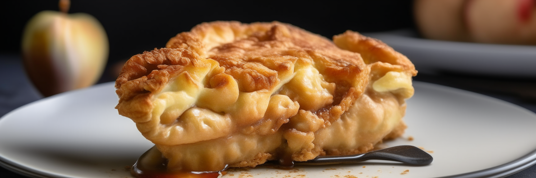 Air fried apple pie with streusel topping, served warm on a plate, photographed at an angle in a 3 to 1 aspect ratio