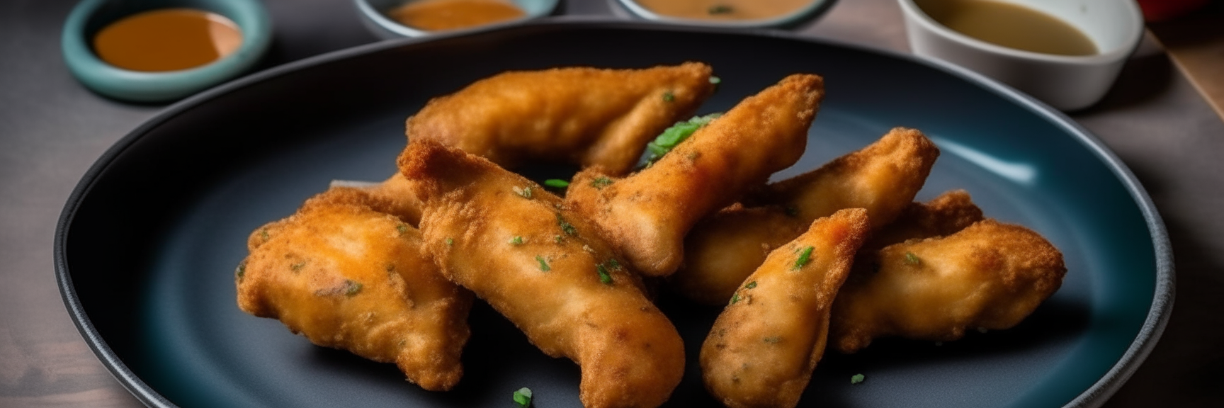 Crispy air fried chicken wings with dipping sauce, arranged attractively on a plate in a 3 to 1 aspect ratio photo