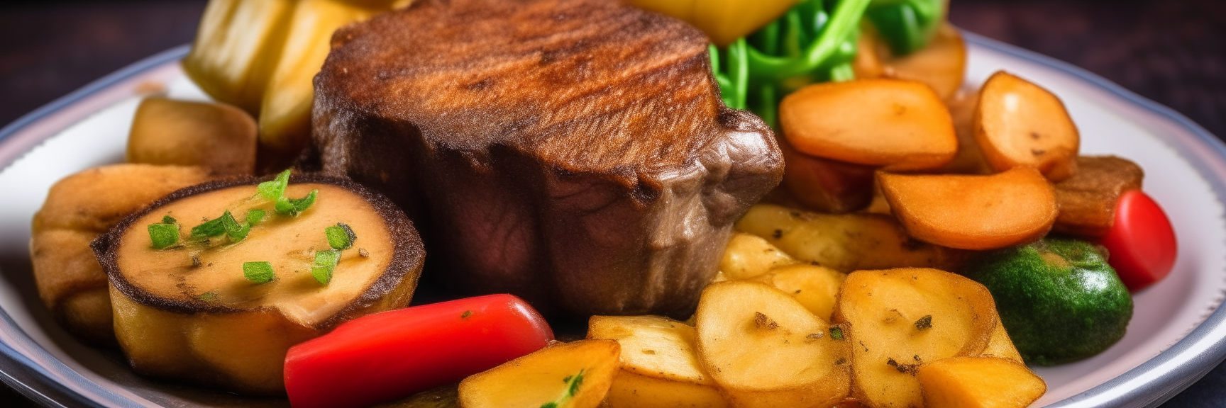 Juicy air fried steak with roasted potatoes and vegetables, attractively plated in a 3 to 1 aspect ratio photo