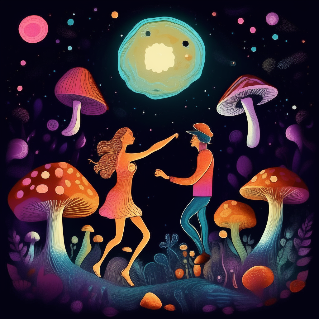 a man and woman dancing in front of colorful mushrooms on a moonlit night