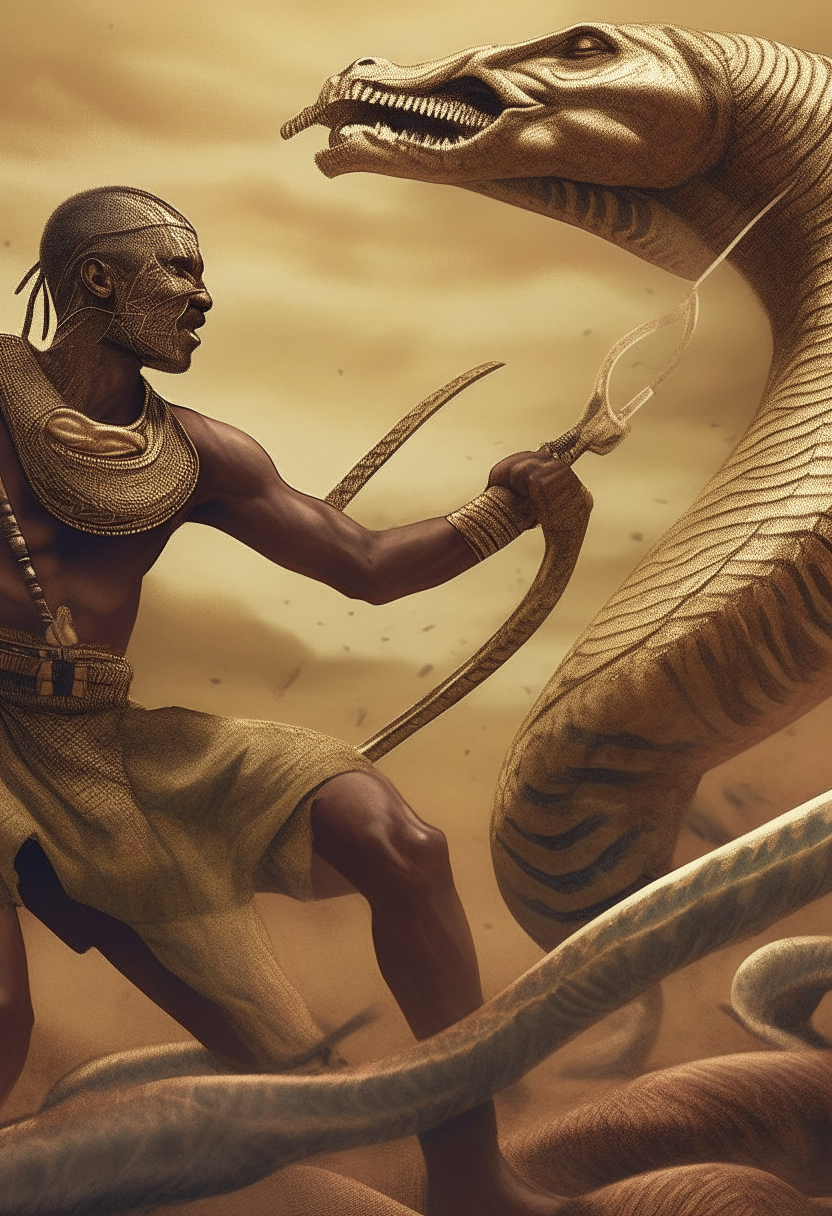 Nsom a young African Cameroon  warrior fighting a giant serpent 