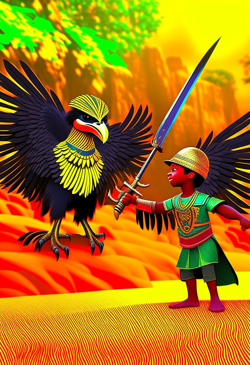 Nsom a young African Cameroon  warrior fighting a giant fierce bird