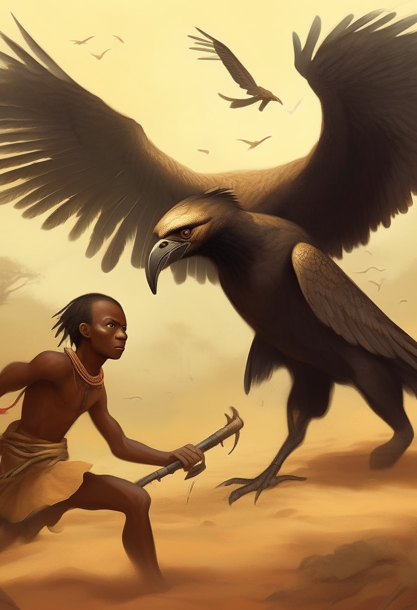 Nsom a young African Cameroon  warrior fighting a giant fierce bird