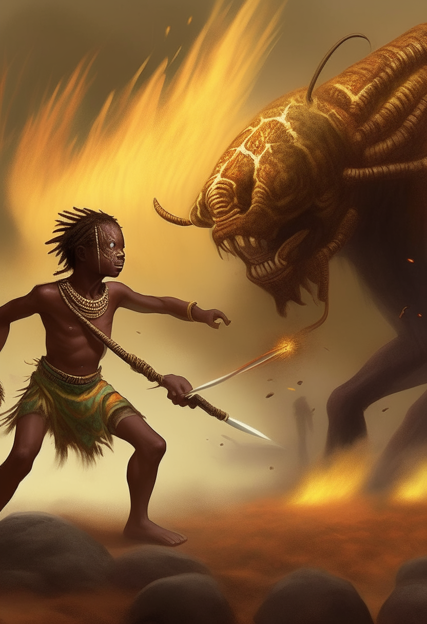 Nsom a young African Cameroon  warrior fighting a giant fire breathing monster 