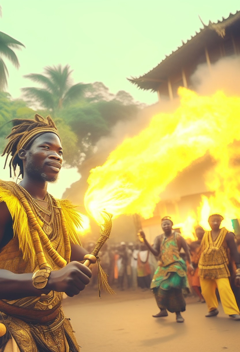 Nsom a young African Cameroon  warrior fighting a giant fire breathing monster 