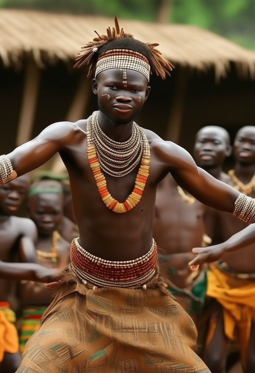 Nsom a young African  Cameroon warrior dancing with his people 