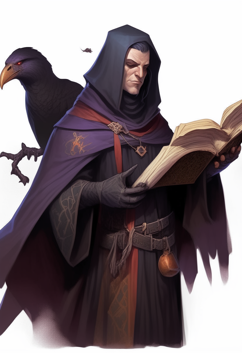 a d&d warlock wearing dark robes and holding a spellbook, with a raven familiar perched on their shoulder