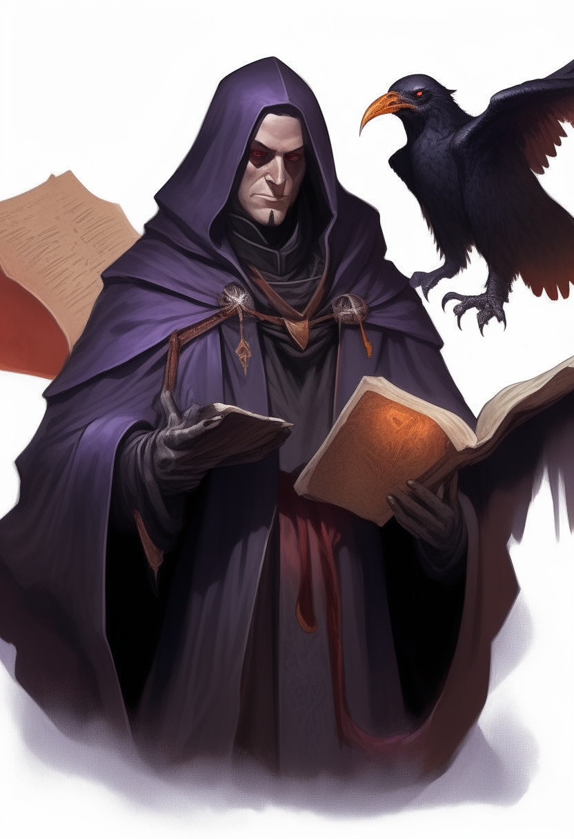 a d&d warlock wearing dark robes, with a raven familiar perched on their shoulder and an open spellbook floating in front of them