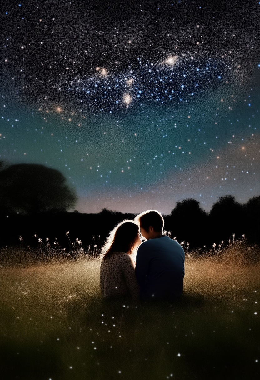 a couple embracing on a starry night. The sky is full of bright stars, which seem to shine with a self-love. The couple is sitting in a meadow, arms around each other. Their eyes are closed, and their faces are full of happiness.