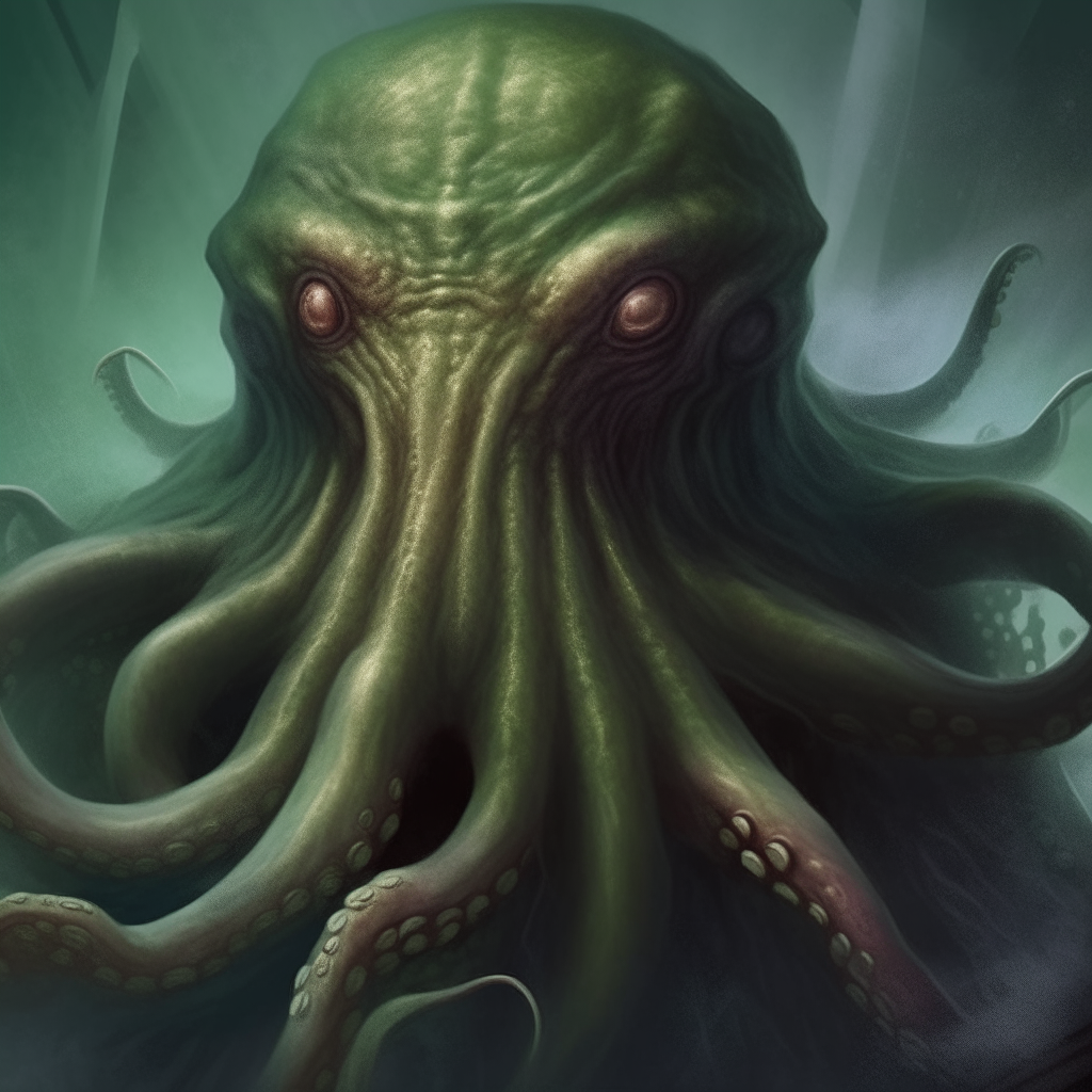 A photorealistic portrait of the cosmic entity Cthulhu, as described by H.P. Lovecraft - a gigantic octopus-like creature with bulging eyes, a fanged mouth, and tentacles that surround its face