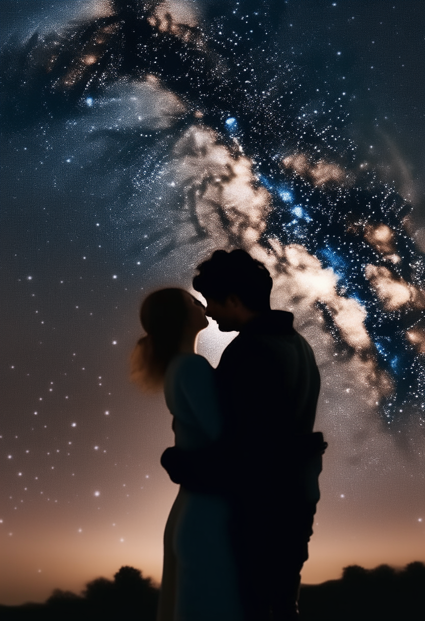 a couple embracing on a starry night.