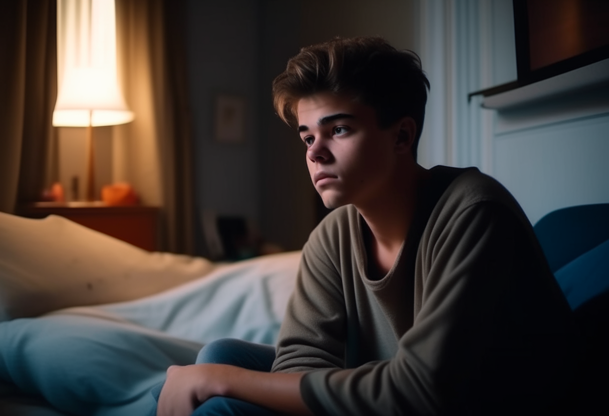 a serene-looking gay boy sits in his room on his bed thinking about whether to come out or hide his sexuality