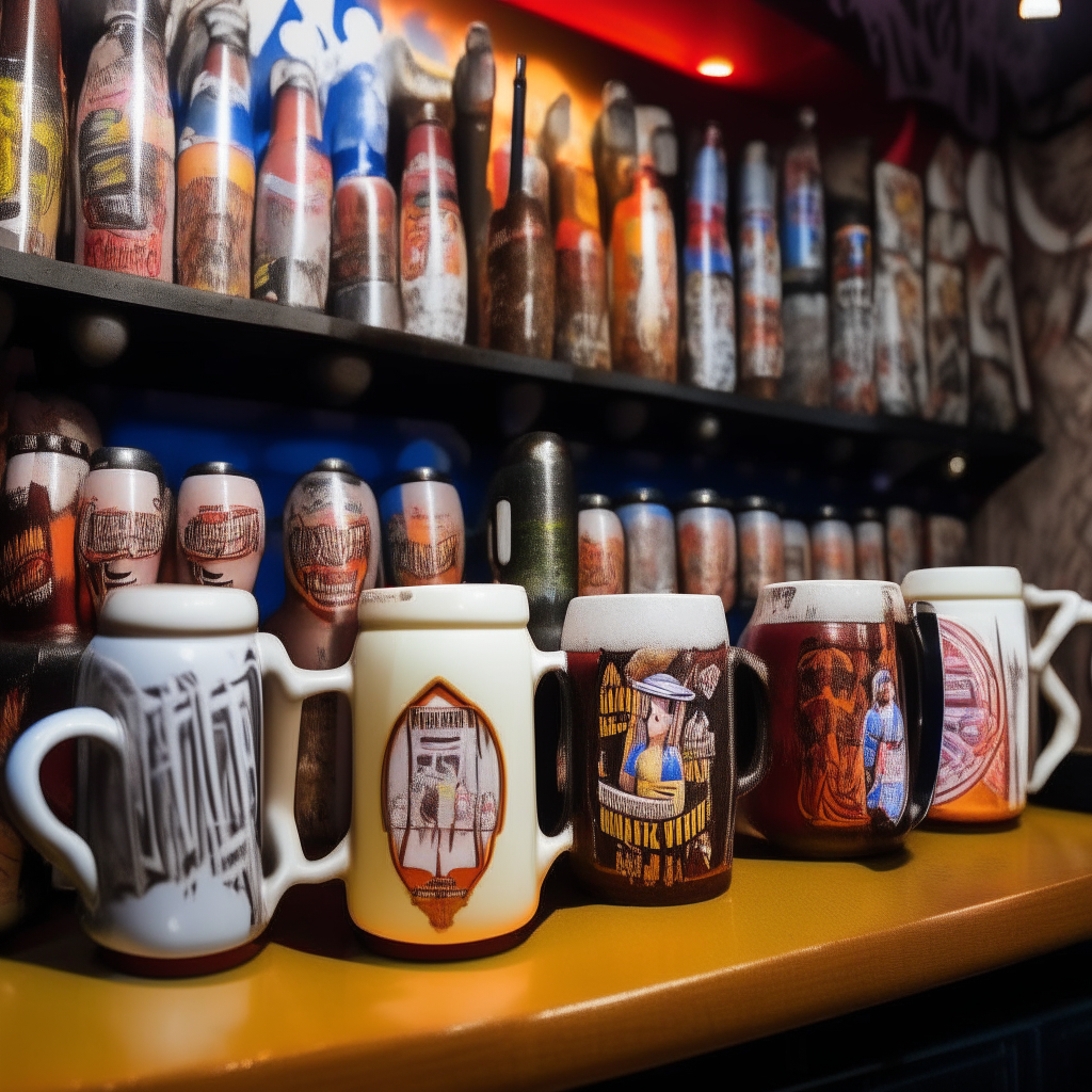 A group of beer steins overflowing with foamy beer, each one labeled with the name of one of the musical artists (ATRIP, Ambientrip, Argentrip). Behind the steins, a wall covered in colorful concert posters advertising past shows.