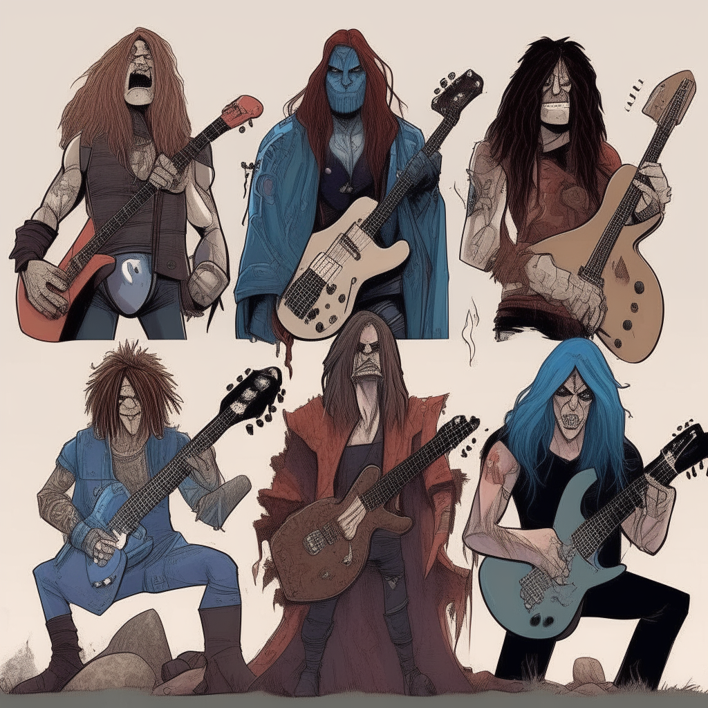 Ilustración de los artistas versionados como personajes de cómic rockero