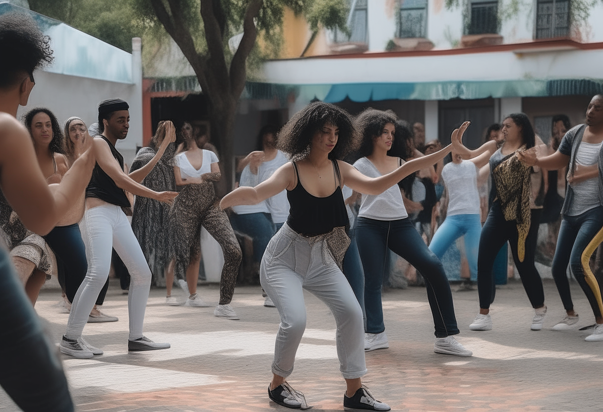 Fotografía de los artistas tocando en un escenario, con el público bailando al fondo
