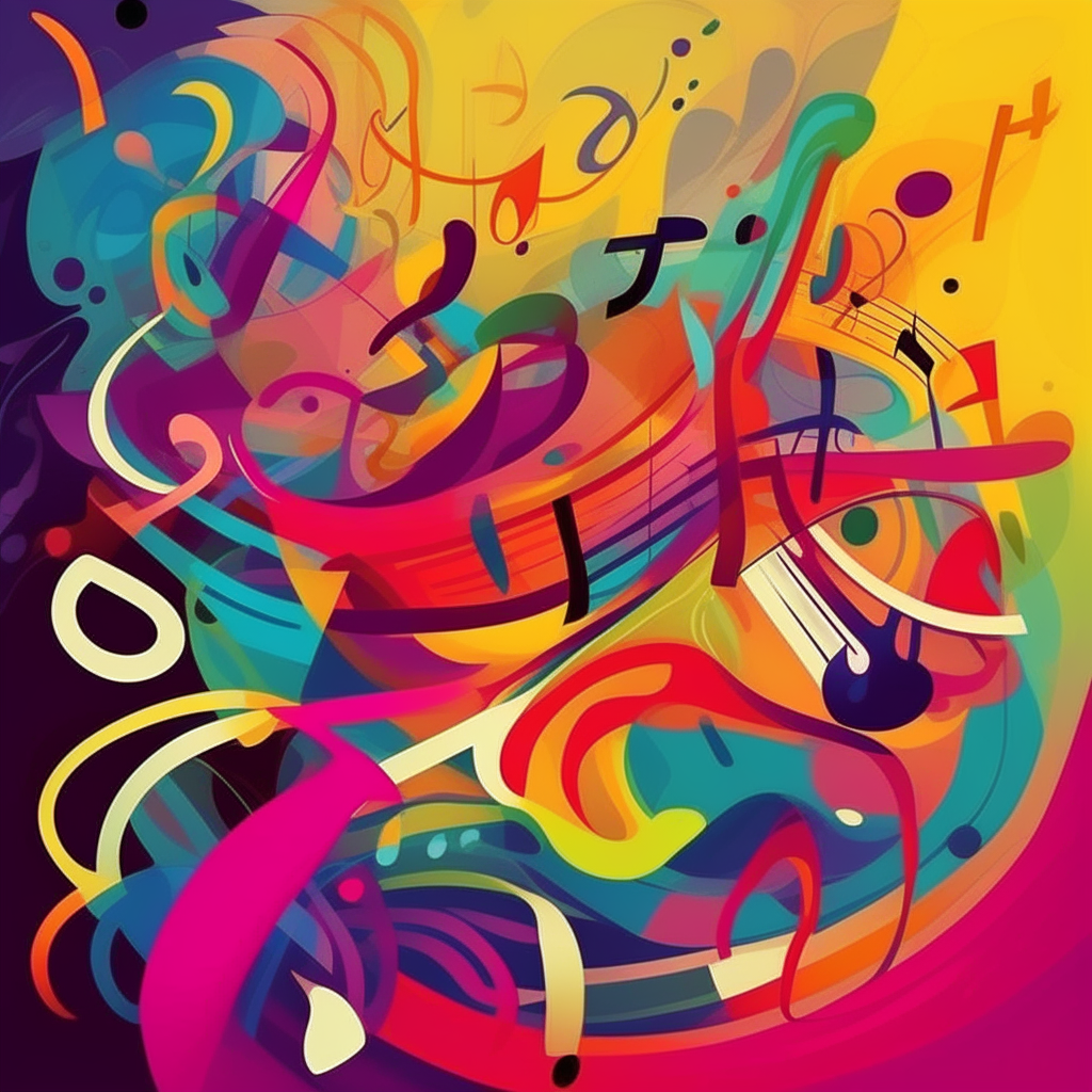 Diseño abstracto con formas que representan notas musicales en colores psicodélicos