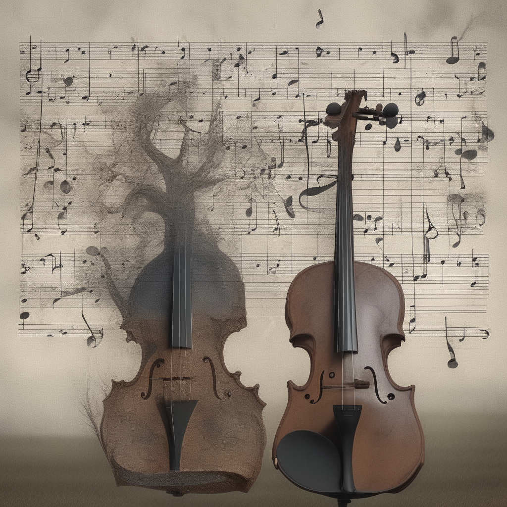 The violin player's limbs morph into tree branches