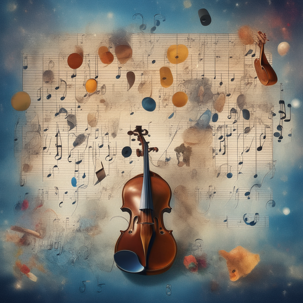 The violinist surrounded by nonsensical objects floating in a vivid dreamscape
