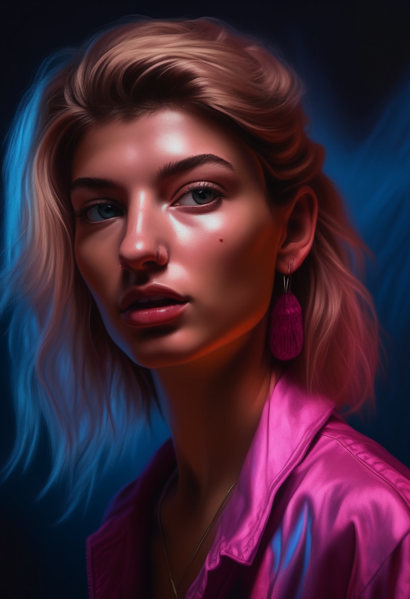 mdjrny-v5, young hailey Bieber Fashion Model wearing a hot pink crop top outfit and wide leg pants Gorgeous Hair by Greg Rutkowski and Magali Villeneuve, Beautiful Eyes, Toned Body, Cinematic Lighting, Depth of Field, Photography