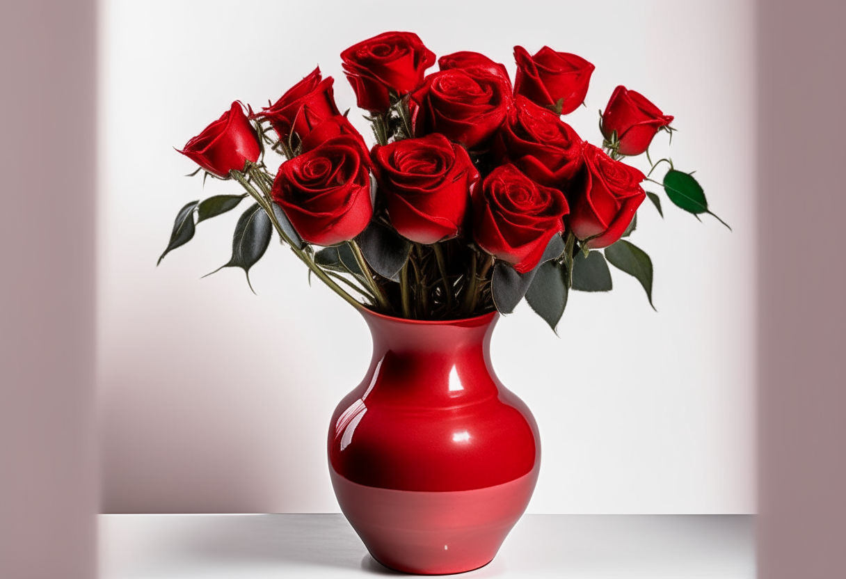 A red ceramic vase with a dozen red roses coming out the top on a white background