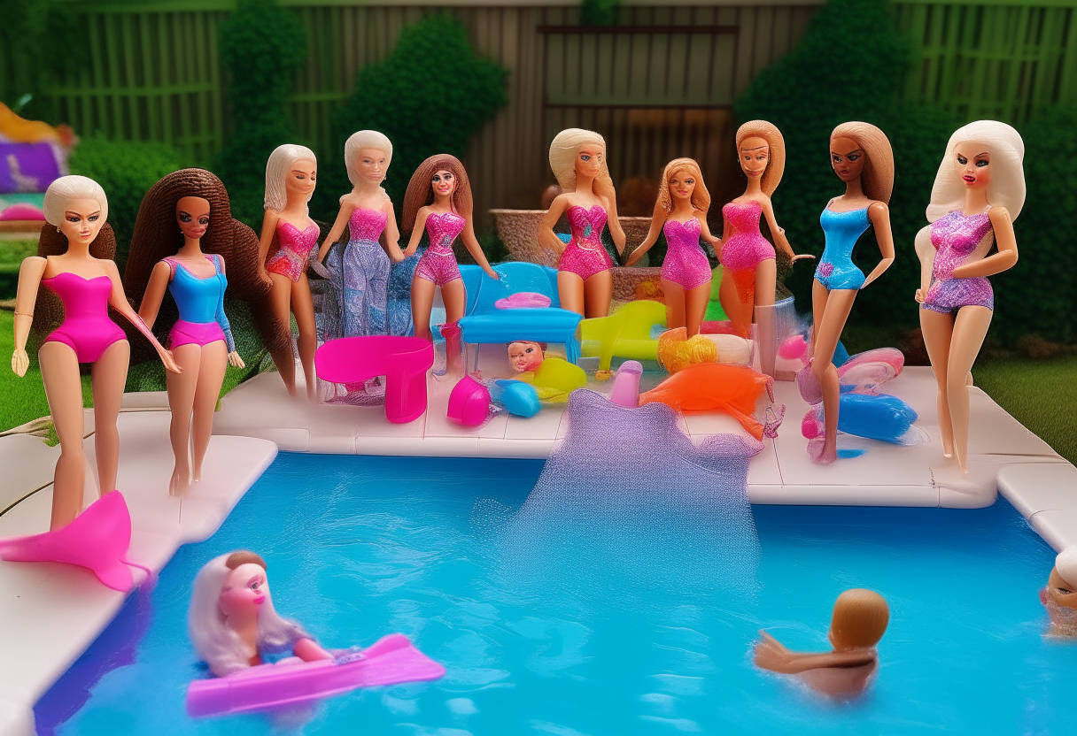 an image showing a Barbie pool party that lasted all weekend long, with many Barbie dolls in colorful swimsuits enjoying the pool and backyard together