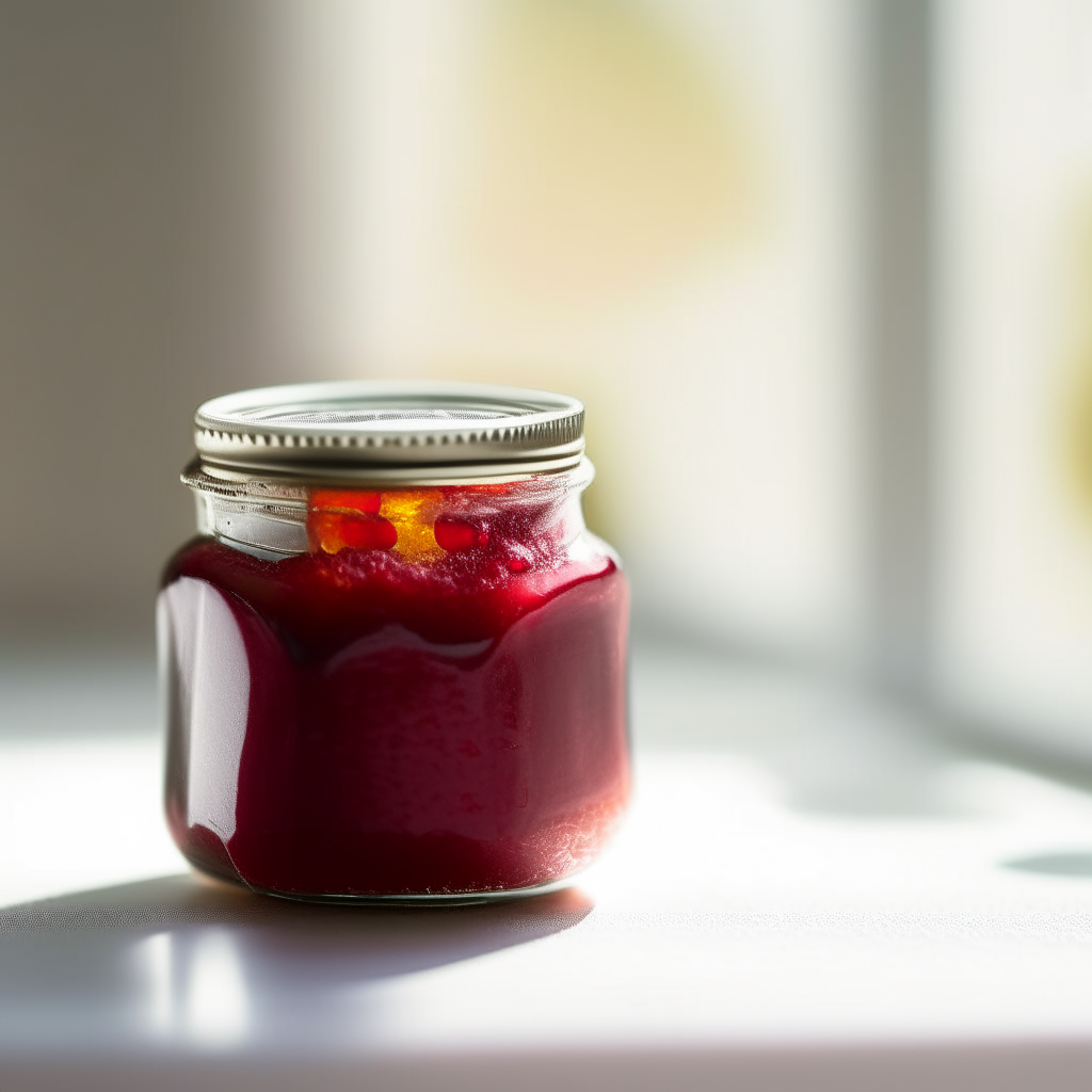 A small mason jar filled with raspberry jam, photographed in a bright, sunlit studio with soft lighting. The red jam is the sole focus, filling the entire frame. The background and jar are blurred. The jam texture is in razor-sharp focus and vividly detailed. A spoonful of raspberry jam on a white plate, photographed in a bright studio with soft lighting. The red jam dominates the frame. The white plate is blurred in the background. The jam has a glossy texture and is in razor-sharp focus. Close up photograph of raspberry jam being ladled into a mason jar. The red jam flows out of a ladle in front of a soft blurred background. The motion is frozen, the jam texture is in razor-sharp focus.