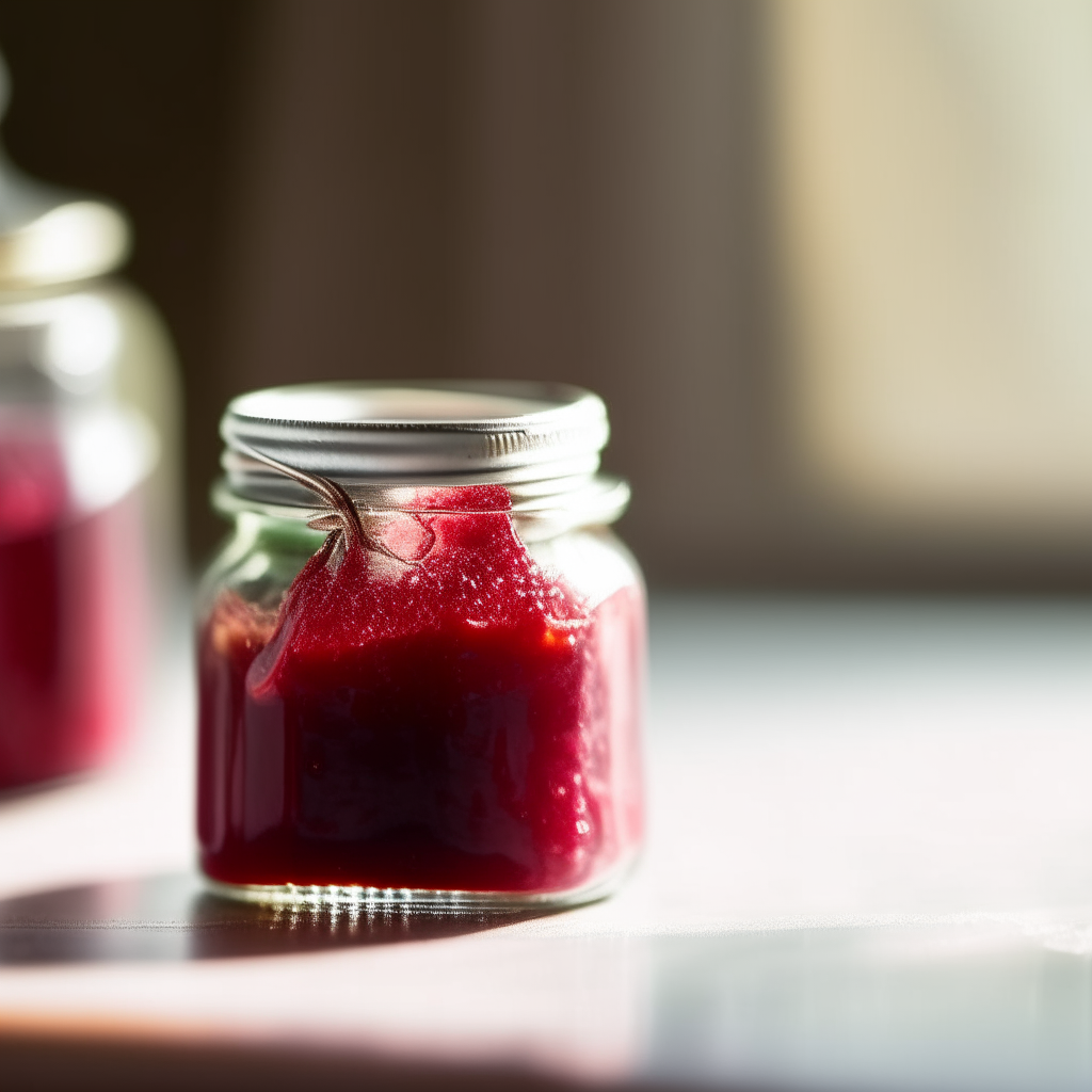 A small mason jar filled with raspberry jam, photographed in a bright, sunlit studio with soft lighting. The red jam is the sole focus, filling the entire frame. The background and jar are blurred. The jam texture is in razor-sharp focus and vividly detailed. A spoonful of raspberry jam being spread on a piece of toast, photographed in a bright studio with soft lighting. The red jam dominates the frame, falling off the knife onto the toast. The toast is blurred in the background. The jam has a glossy texture and is in razor-sharp focus. Raspberry jam being ladled into a mason jar in a rustic kitchen, morning light streaming in through a window. The red jam flows out of a ladle in front of a soft blurred background. The jam texture is in razor-sharp focus.